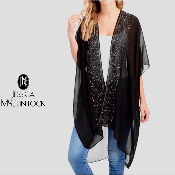 Jessica McClintock Other - NWT Jessica McClintock Embellished Jewel Black Sheer Kimono/Coverup One Size